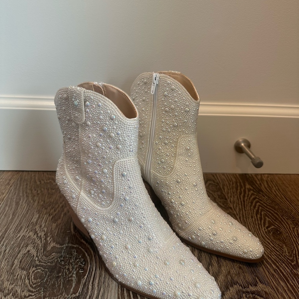 Betsey Johnson White Embellished Ankle Boots - Picture 2 of 5
